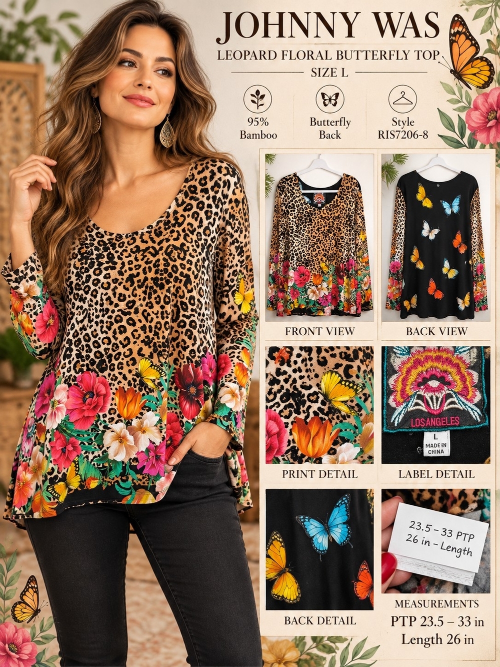 Johnny Was Leopard Floral Butterfly Bamboo Long Sleeve Top Size L